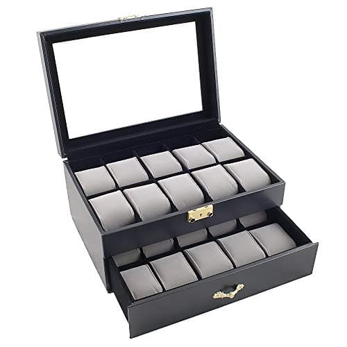 Caddy Bay Collection Black Classic Watch Case Display Box with Clear Glass Top Holds 20 Watches with Microfiber Cleaning Cloth