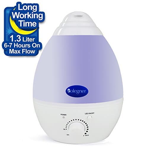 Multi-Color Cool Mist Ultrasonic Humidifier, Aroma Essential Oil Diffuser, Whisper Quiet “No Noise” 1.3 Liter Tank Works All Night, Waterless Auto Shut-Off, Cozy Cool 7 Color LED Lights