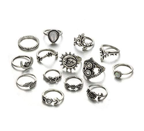 EoumyWomen Vintage Knuckle Rings Retro Moon Sun Leaf Crystal Stackable Midi Finger Ring Set