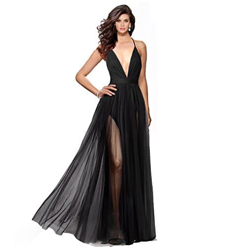 Alluring deep v-Neckline Spaghetti Straps Criss-Cross Open Back Tulle Dual Front Slits Evening Prom Formal Dress (Black, 6)