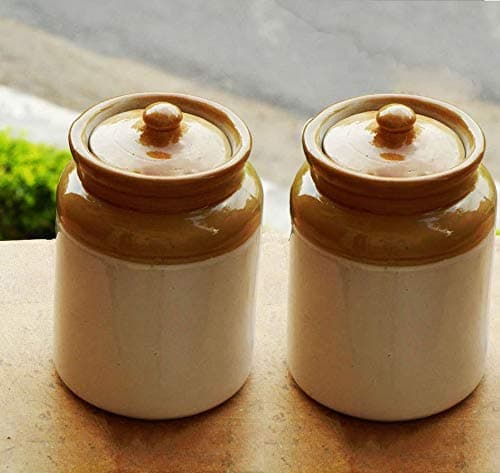 CPENSUS Old Fashioned Handmade Ceramic Pickle Jar Set with Lid, Dining Table Set, Made In India 750ml (Set of 2)