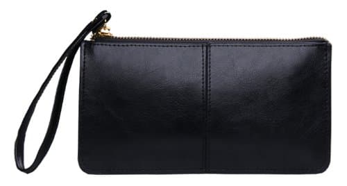 LSW Genuine Leather High Capacity Wallet, Clutch and iPhone or Android Case with Strap (3 Compartments with Zipper) (Midnight Black)