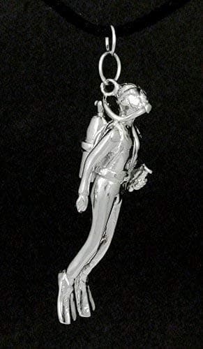 Large oversized 3 Dimensional Detailed Scuba Diver holding flashlight Torch Sterling Silver Rhodium Plated Pendant chain Necklace