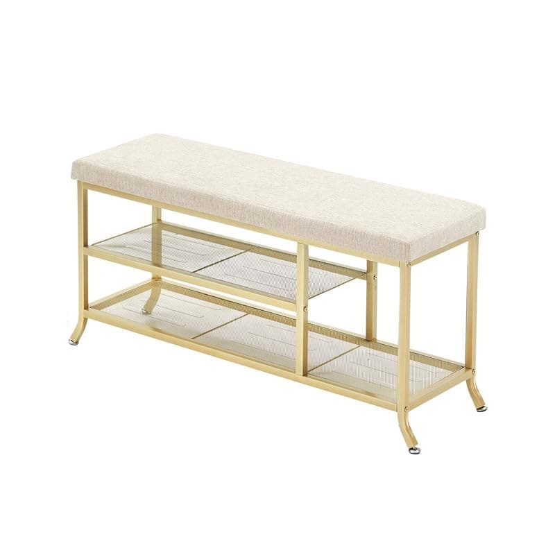 PULLAFUN3-Tier Shoe Rack for Entryway, Shoe Bench with Foam Padded Seat, Metal Frame, Small Shoe Organizer with Storage for Indoor Entrance Hallway Bedroom Living Room, Gold