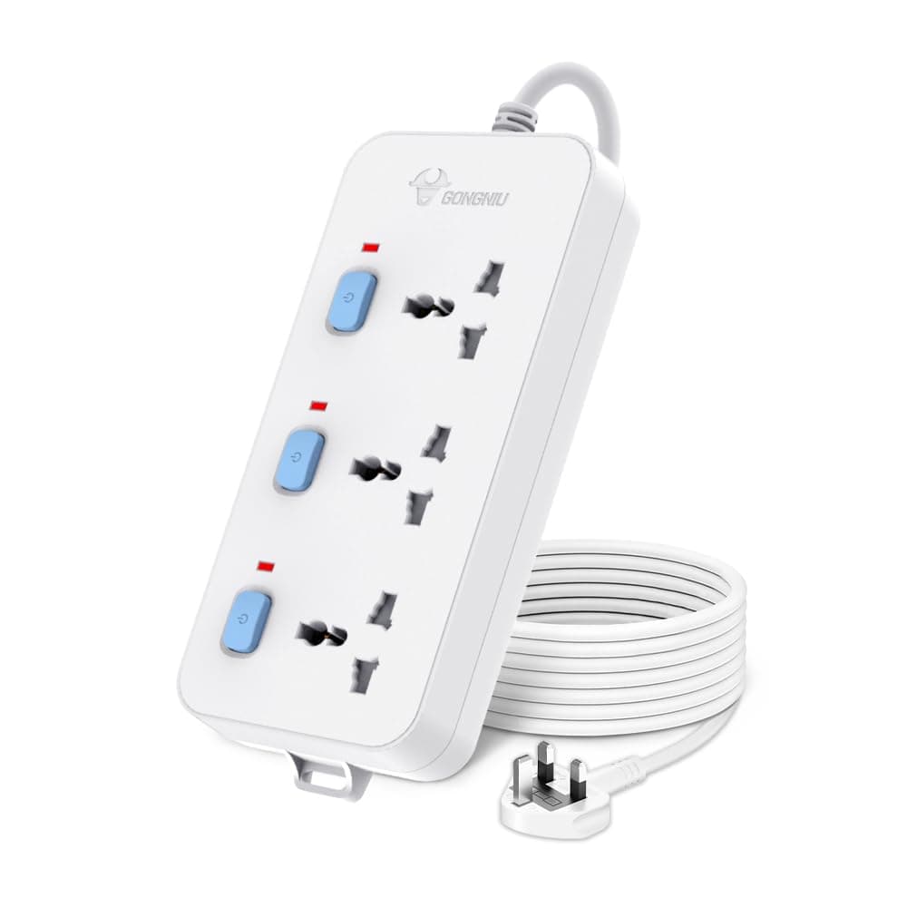Gongniu Bull Extension Board - 3 Socket, 3 Switch, 3 M Wire (White, 2500W), 250 Volts