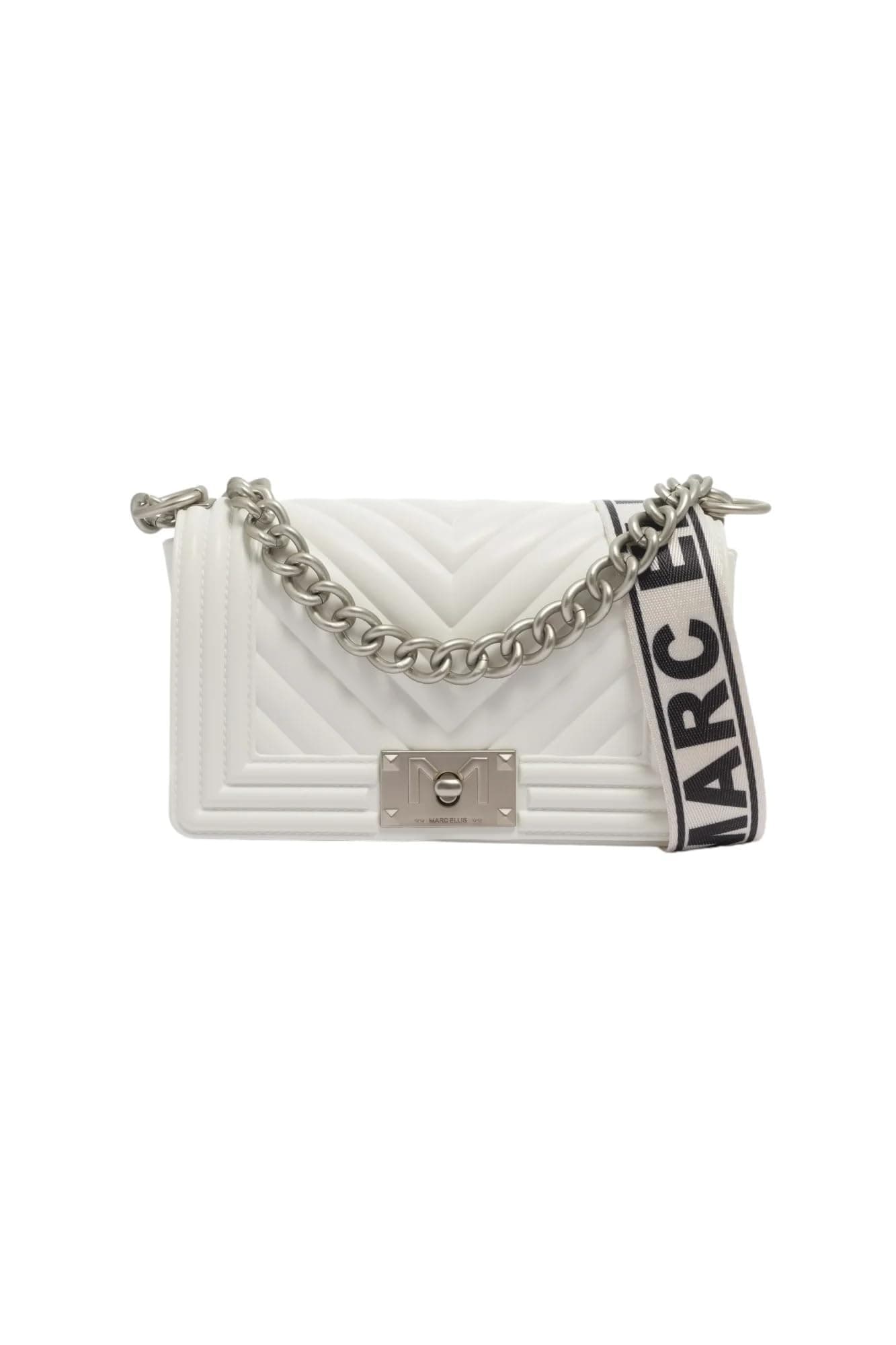 MARC ELLIS Flat M Shoulder Bag Matelassè White/Silver, White, 25 x 15 x 7.5 cm