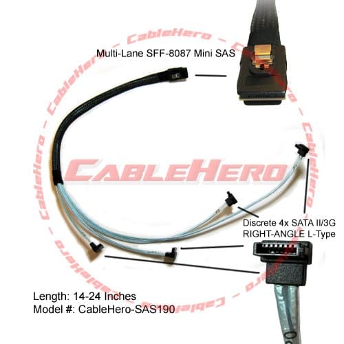 CableHero Multi-Lane SFF-8087 Mini SAS to Discrete 4x SATA II/3G RIGHT-ANGLE L-Type, Internal Data Hard Drive Forward Breakout Cable - 14 to 24 Inch: CABLEHERO-SAS190 (RoHS, (Ver 2, Red)