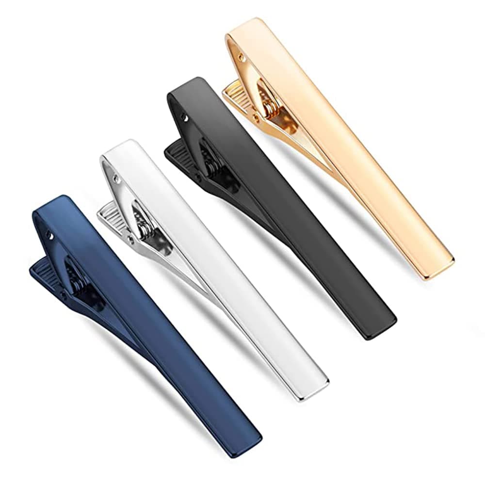 Tie Clips for Men, 4 Pack Classic Tie Clip Silver Gold Black Blue Necktie Tie Bar Pinch Clips Suitable for Wedding Anniversary Business and Daily Life 5.8cm with Gift Box