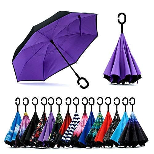 Double Layer Reverse Windproof Inverted UV Protection Big Straight Umbrella for Car Rain Outdoor with C-Shaped Handle (Multicolor)