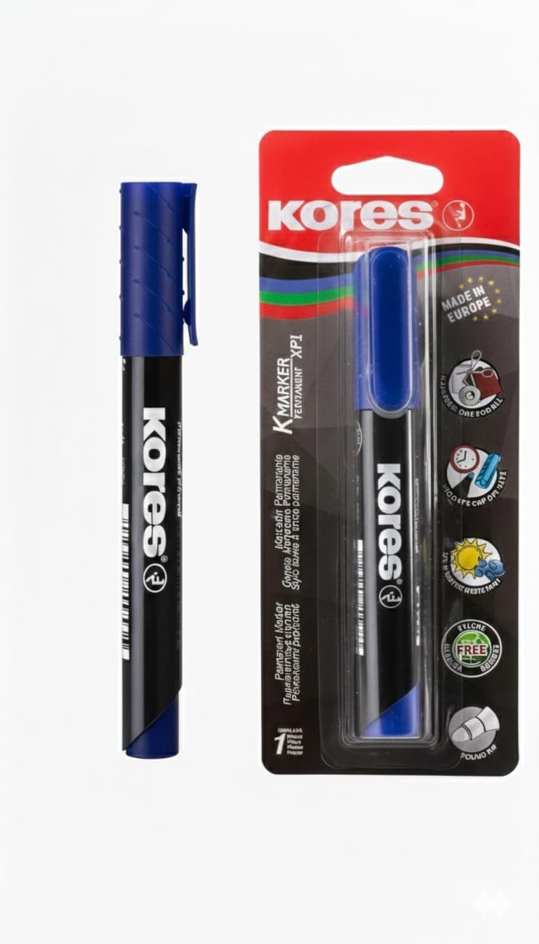 Kores - Blue Permanent Marker Pen - K-Marker XP1, Round Tip with Low-Odour Ink - Waterproof Marker Pens for All Surfaces - School Supplies, Office Supplies - Pack of 1