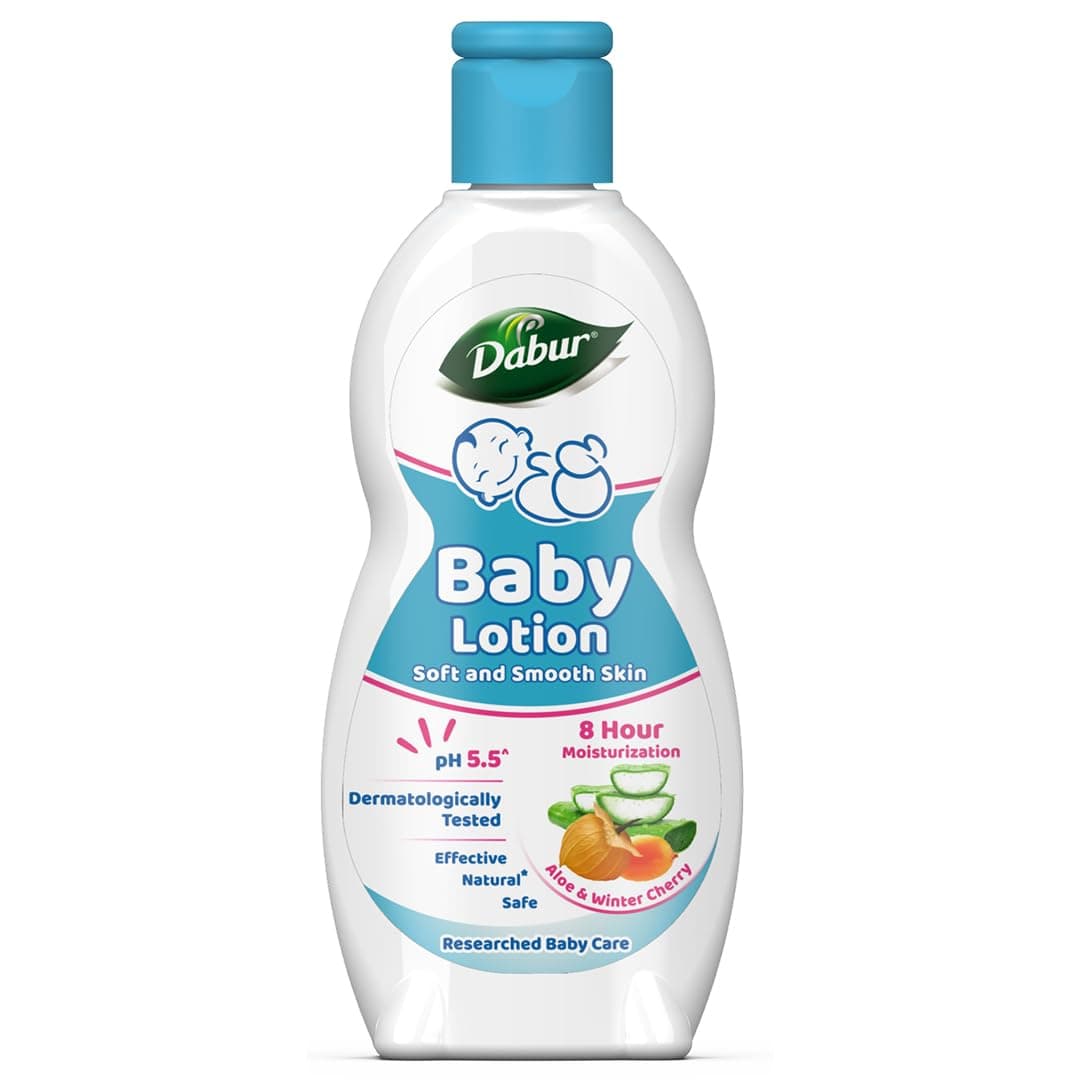 Dabur Baby Lotion: pH 5.5 Balanced for baby skin | No Harmful Chemicals | Contains Aloe Vera, Licorice and Almonds | Hypoallergenic and Dermatologically Tested | No Paraben and Phthalates - 200 ml