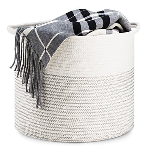 Storage Basket - Cotton Rope Storage Baskets Fold-able with Handles, 15" x 15" x 11", Decorative Color Design, Perfect Organizer for Toy Storage, Nursery Storage and Laundry Basket - Medium, White