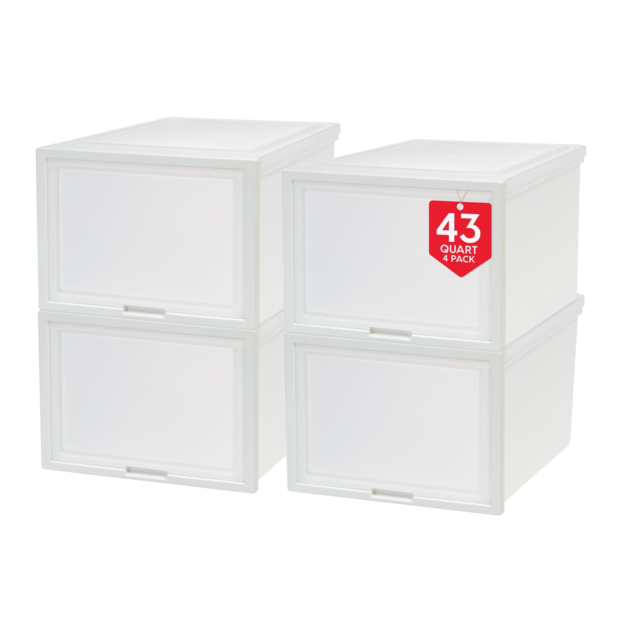 IRIS USA 42 Qt. Plastic Drawer Storage Organizer Stacking Drawers, 4-Pack, Stackable Unit with Flip-Up Door for Clothes Bedroom Kitchen Under Sink Pantry Craft Room Bathroom Dorm Office, White