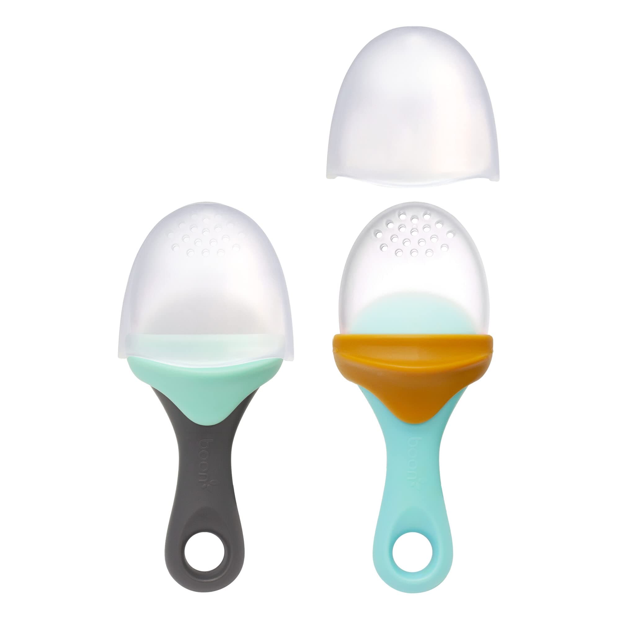 Boon Pulp Silicone Baby Feeder Set (2-Pack) – Soft Self-Feeding Fruit Dispenser for Infants & Toddlers – Baby-Led Weaning Essentials – Blue/Mustard & Gray/Mint