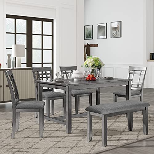 Merax 6-Piece Dining Set, Wooden Kitchen Table with Bench and 4 Padded Dining Chairs, Farmhouse Rustic Style Kitchen Table Set Family Furniture for 6 People (Antique Graywash)
