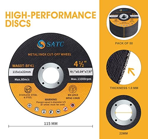 SATC 115mm Cutting Discs 50-Peice Durable Angle Grinder Discs Ultra Thin 1mm for Fast & Precise Cutting of Steel, Iron, Aluminum, & Ferrous Metals