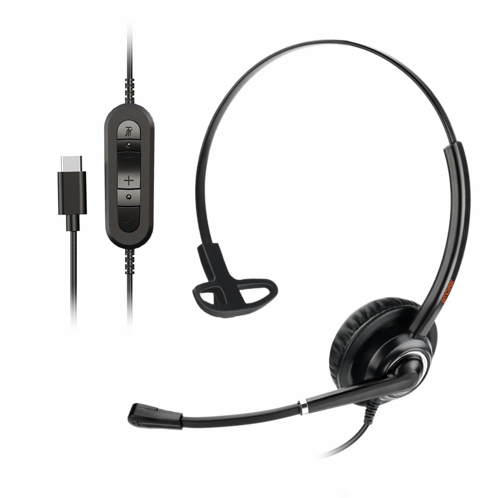 Single Ear Headphone USB-C, USB Type C Headset with Noise Canceling Microphone for PC, Laptop,Tablet,Mobile Phone,for Skype,Teams, Zoom, Webex, Ringcentral, Compatible with Samsung,Google Pixel,Sony