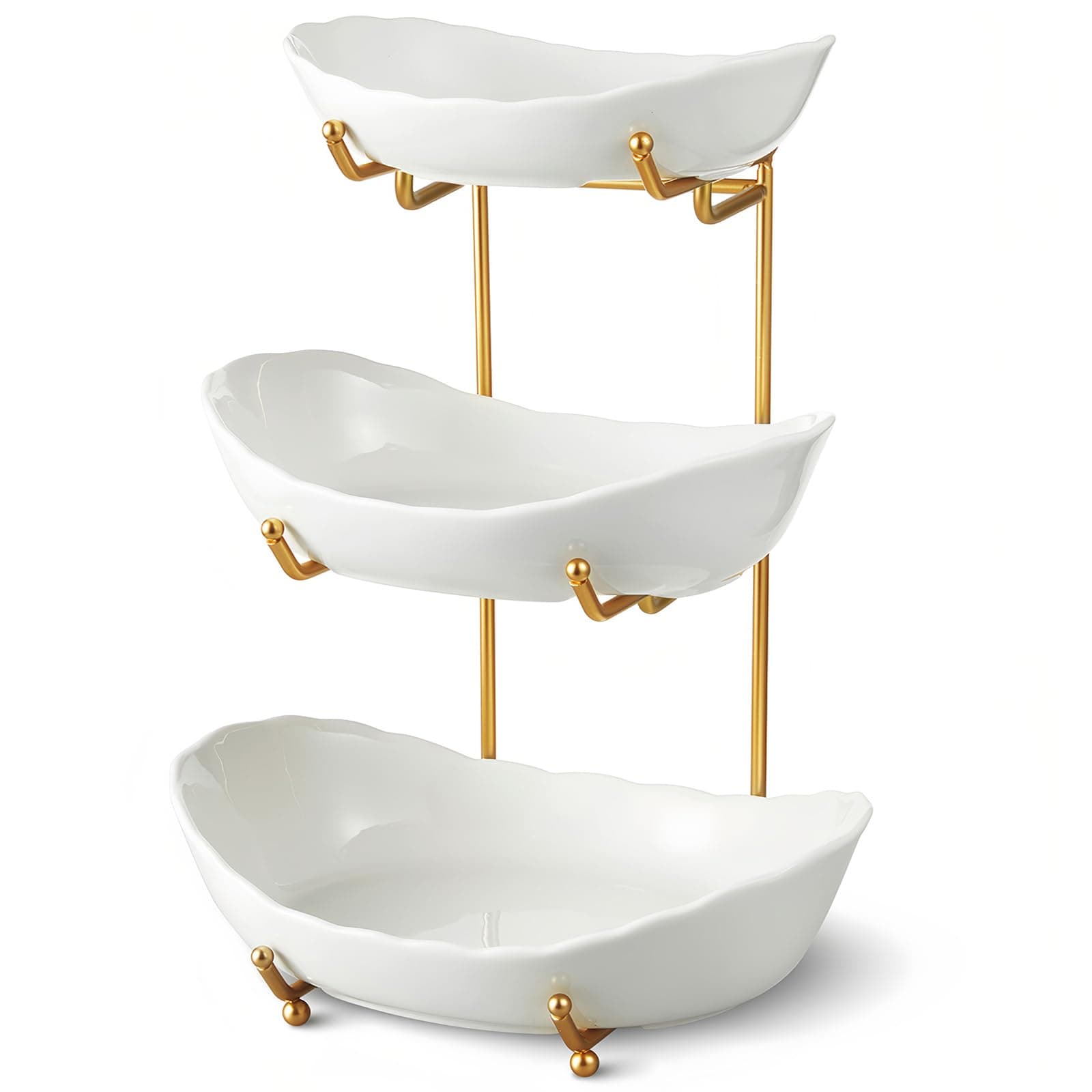 Ceramic Fruit Bowl for Kitchen Counter - 3 Tier Fruit Basket with Metal Stand, Tiered Fruit Stand for Countertop, Snack, Nuts, Cake, Dessert, Cute (Gold, Small) 1