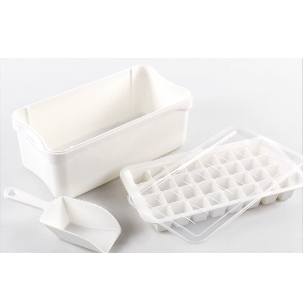 Ice Bin, Ice Cube Mold Tray, 32-Ice Trays with Spill-Resistant Removable Lid and Scoop, BPA Free, Made of None Toxic PP