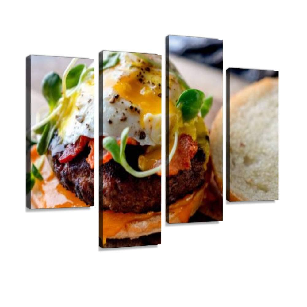 4 Panel breakfast bagel with egg greens avocado bacon sausage and cheese on a Canvas Pictures Home Decor Gifts Canvas Wall Art for your Living Room
