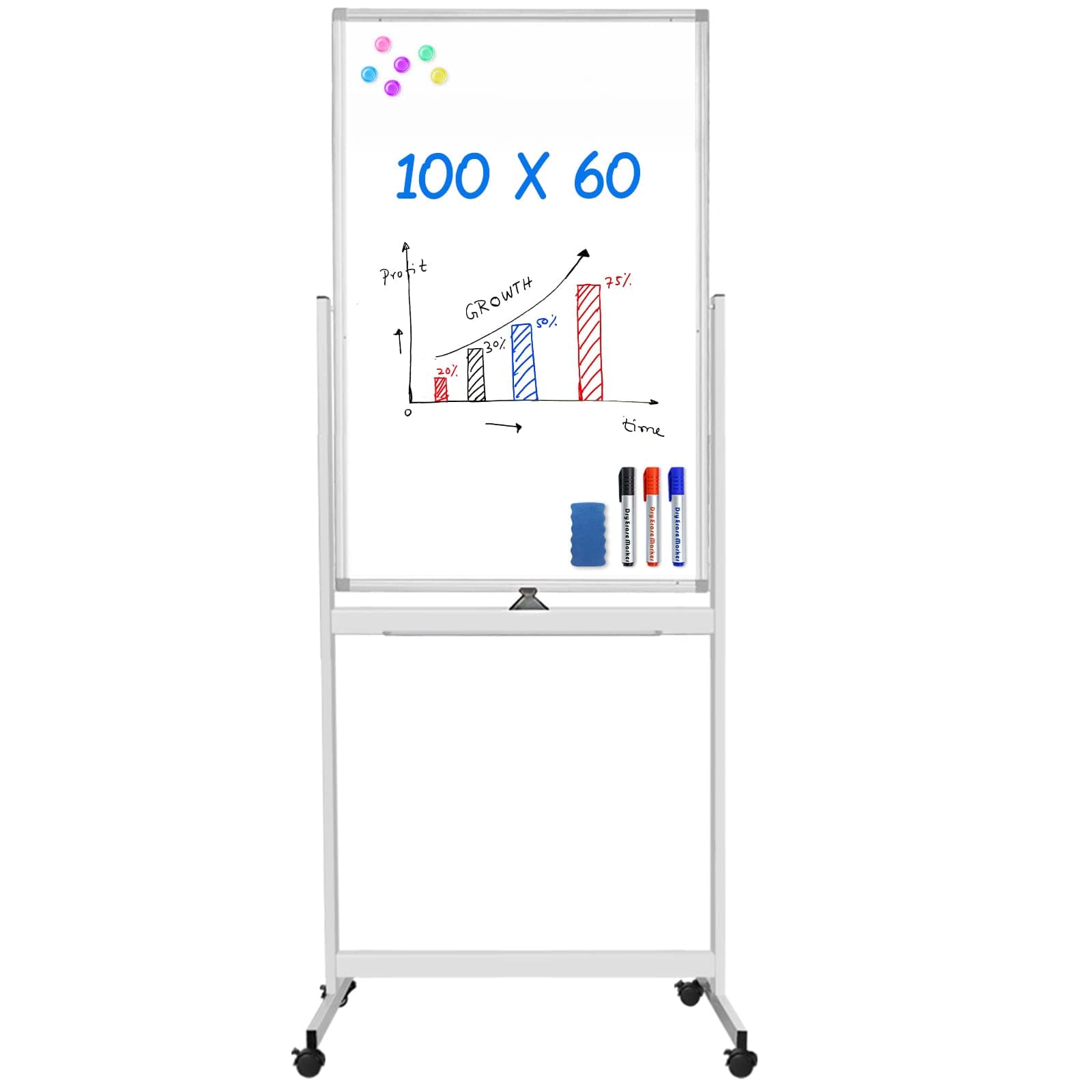 maxtek Double Sided Mobile Whiteboard, 60 x 100 cm Magnetic White Board with Rolling Wheels, Dry Erase Board on Wheels, Aluminium Frame for Home, Office, School
