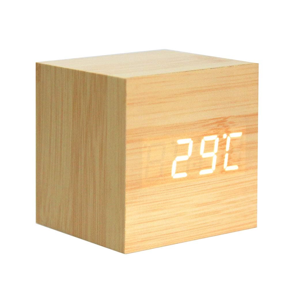 Lancoon Wooden Alarm Clock - Mini Cube LED Digital Clock with Time/Date/Temperature Display, 3 Levels Brightness and Voice Control Great for Home Office Travel - AC10Yellow_White