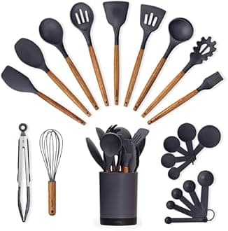 Silicone Kitchen Utensils Set & Holder: Cooking Utensils Set - Kitchen Essentials for New Home & 1st Apartment- Silicone Spatula Set, Cooking Spoons for Nonstick Cookware (Acacia Wood, Grey)