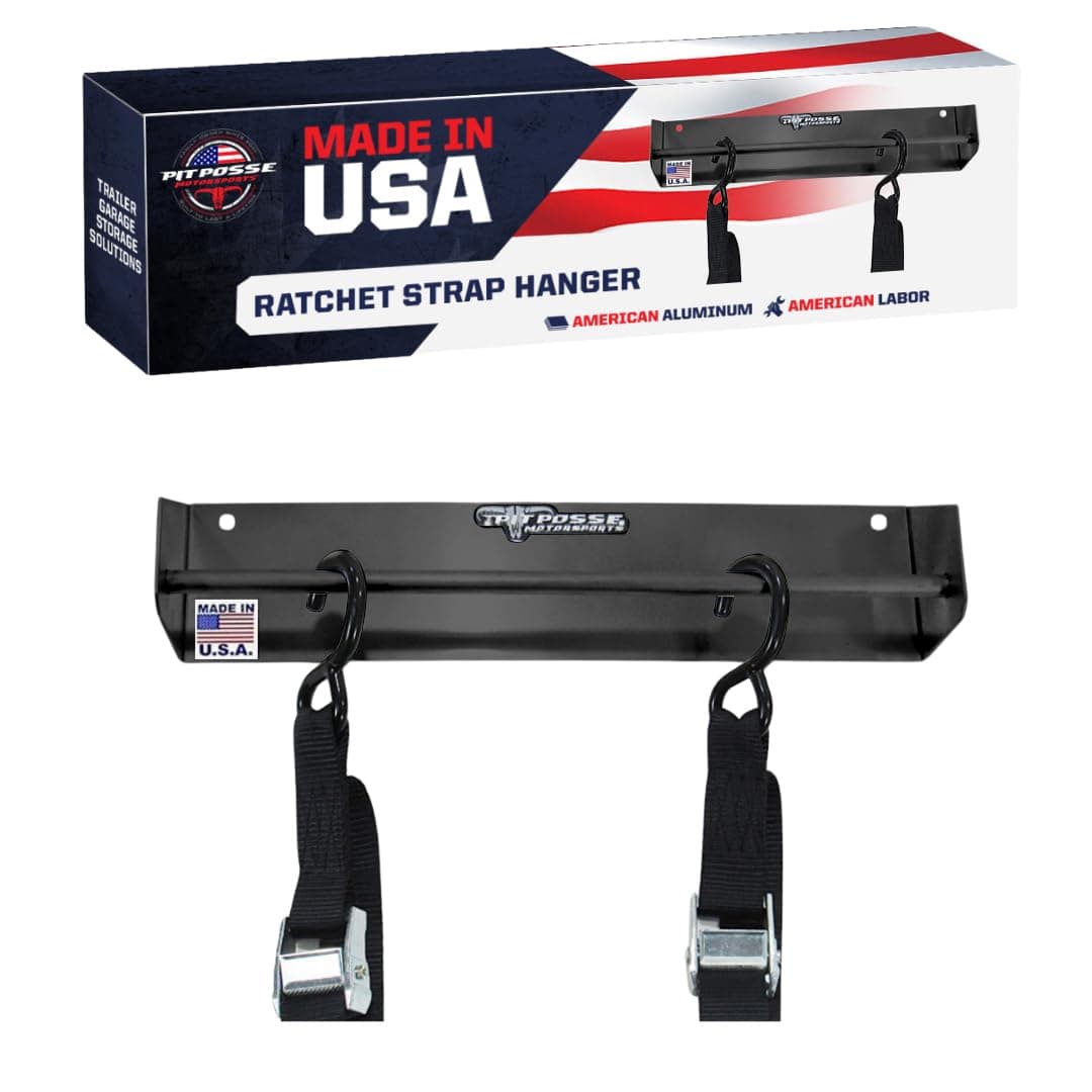 Pit Posse 464BK Tie Down Hanger Rack Storage Holder - Made in USA - Race Car Enclosed Trailer Shop - Ratchet Strap Organizer - Garage Walls, Drywall, Wood, Steel Trailer Studs (Black)