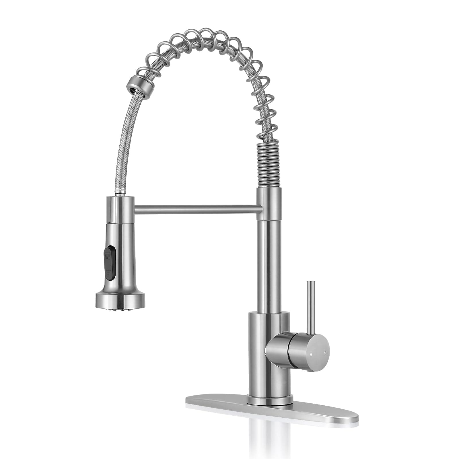 Kitchen Faucets with Pull Down Sprayer Brushed Nickel High Arc Single Handle 1 or 3 Holes Spring Kitchen Sink Faucet with Deck Plate for Farmhouse RV Vessel Basin