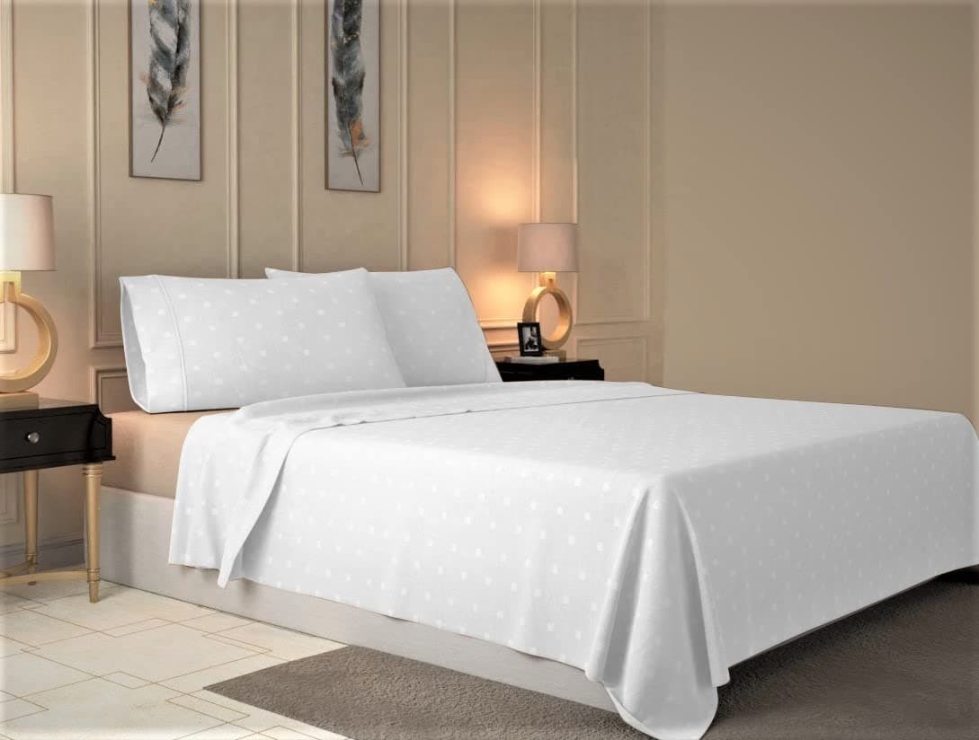 Westbrooke 100% Cotton King Size Sheets - 4 Piece Sateen Sheets with Swiss Dots - 1 Flat Sheet, 1 Fitted Sheet with 16" Deep Pockets, 2 Pillowcases - Soft & Breathable, Premium Bedding Set (White)