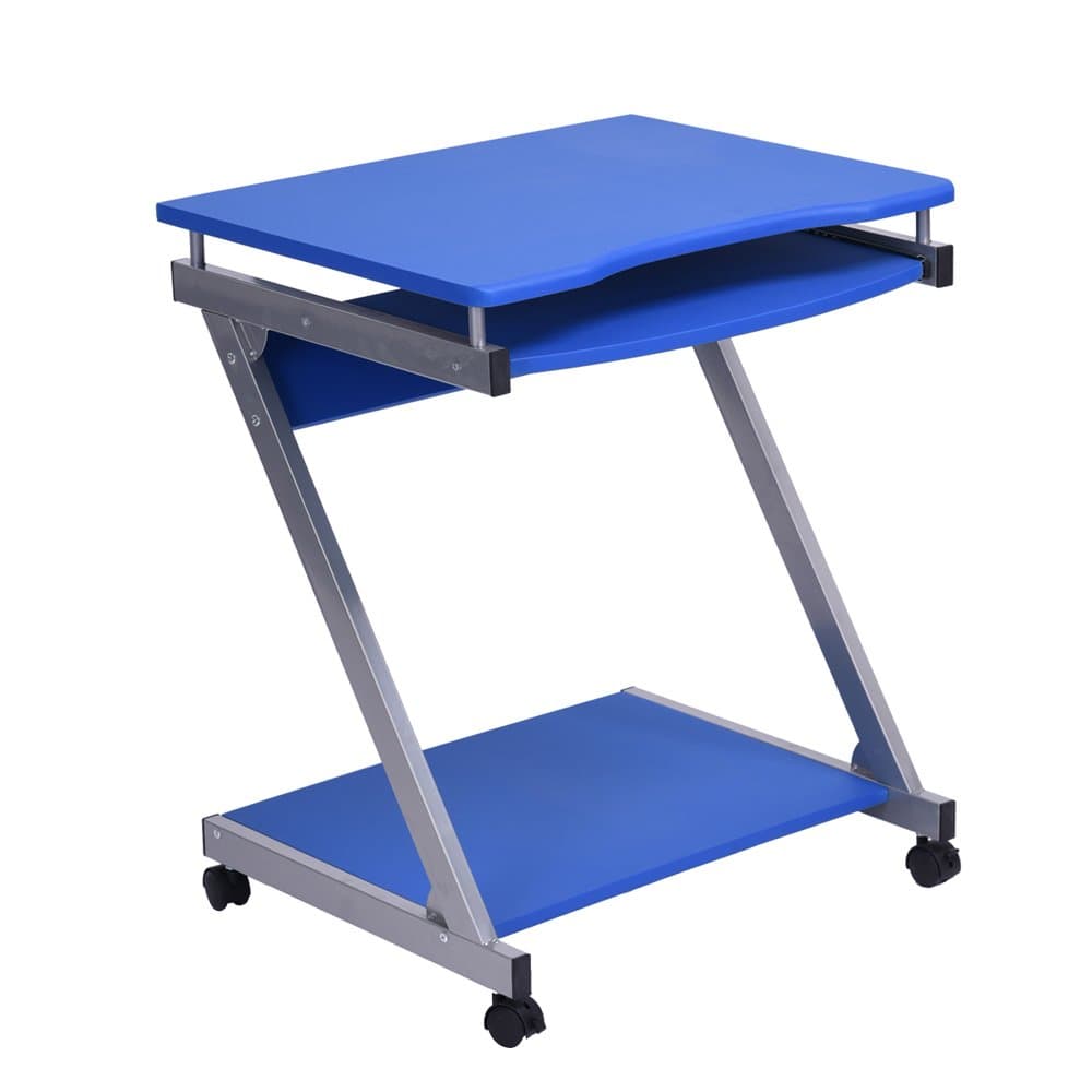 SANFURNEY Mobile Computer Desk with Wheels Small Rolling Workstation Laptop Stand with Pull Out Keyboard Tray and Bottom Shelf for Small Space, Blue