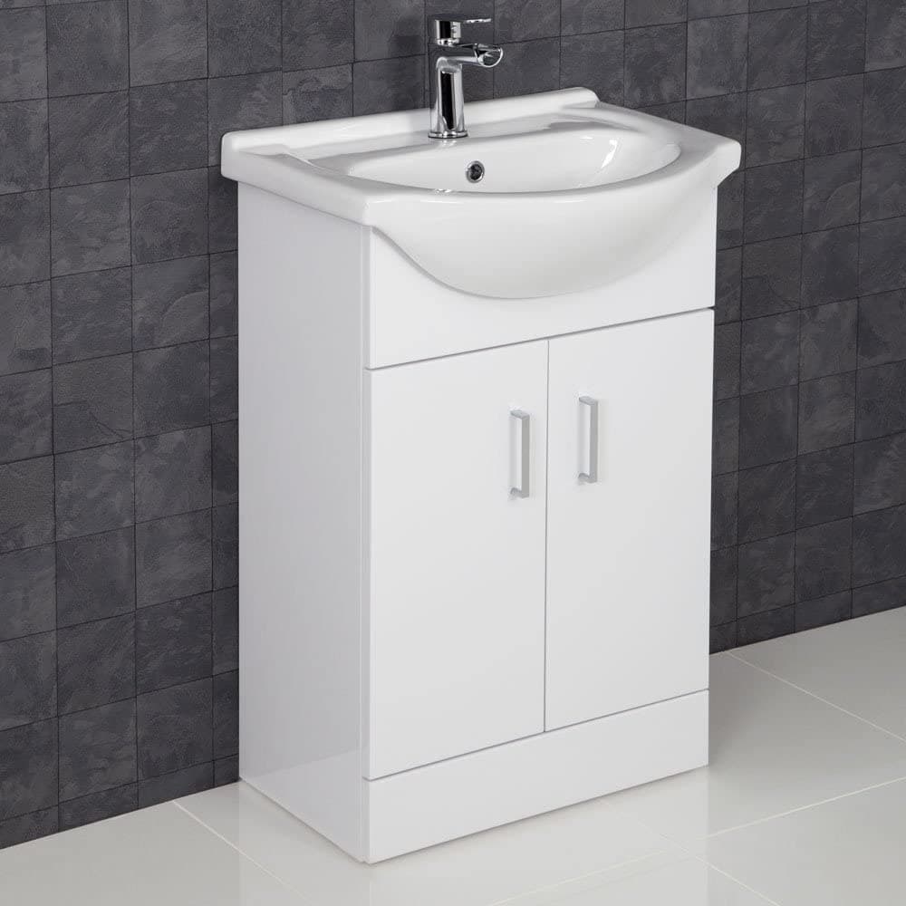 Essentials® 560mm Bathroom White Gloss Vanity Unit & Ceramic Wash Sink Floorstanding, Soft Close Doors, Essentials Mixer Tap + Basin Waste Included