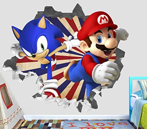 Sonic Mario Olympic Wall Decal Smashed 3D Sticker Vinyl Decor Mural Games - Broken Wall - 3D Designs - OP421 (Medium (Wide 30" x 28" height))