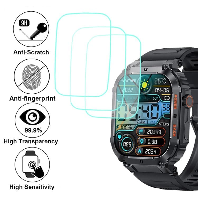 Tempered Glass Screen Protector for K57 K57 PRO, Compatible with KACLUT, GLONHI, EIGIIS, KLOGIPOW, OCTDG, ESFOE, PODOEIL K57 pro 1.96 inches Rugged Smart Watch, 3pcs, 9H