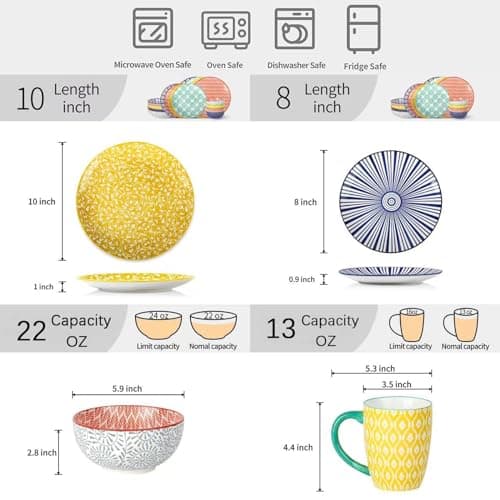 Selamica Ceramic 16-Pieces Dinnerware Set for 4, Includes Dishes, Plates, Bowls, Assorted Colors