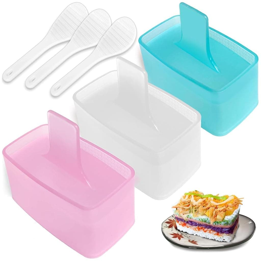 HASTHIP® 3Pcs Rice Cube Maker Mold Square Onigiri Maker Mold with Demolding Flatter Handle Stuffed Sushi Maker Press Creative Layered Suchi Maker Press Mold
