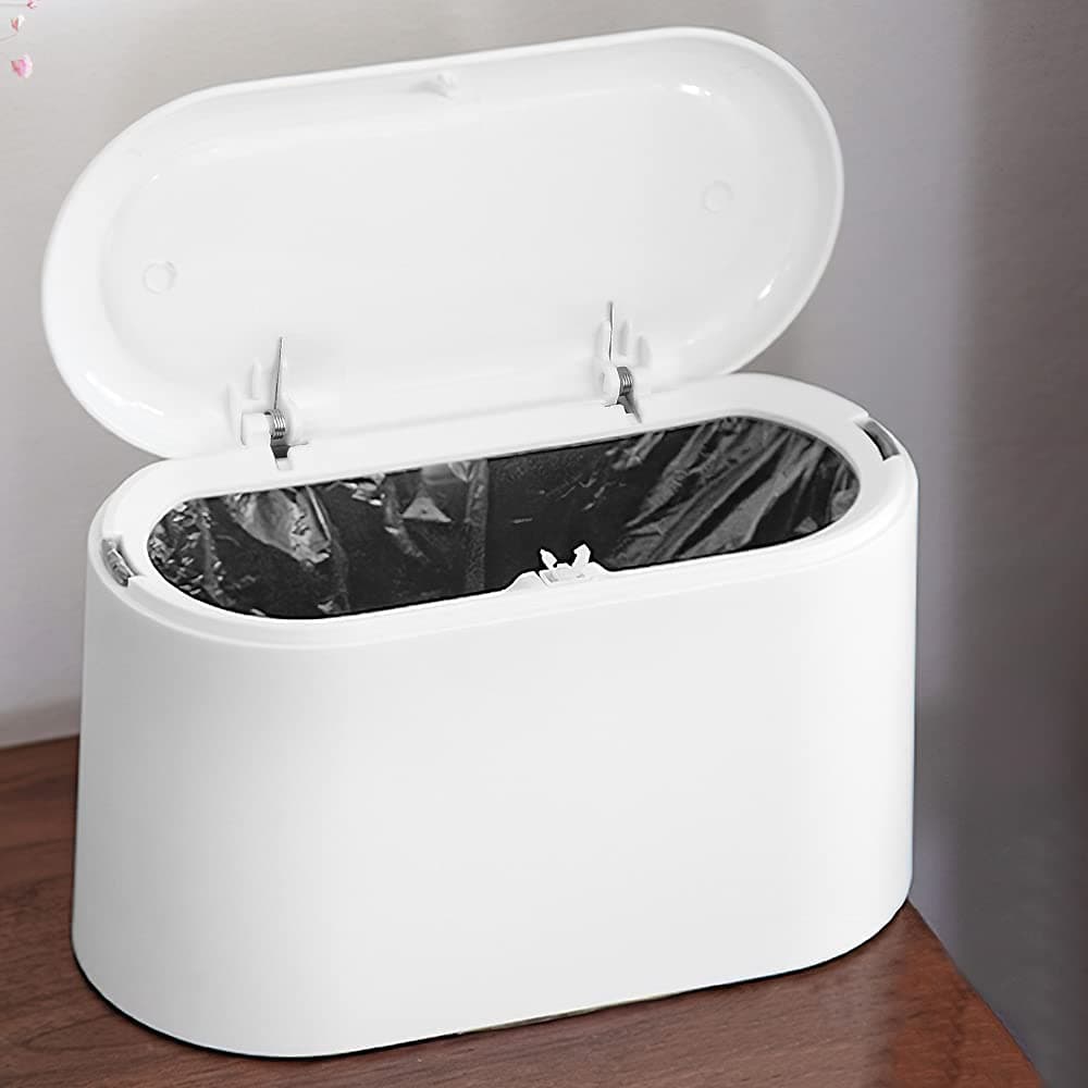 Trash Can Desk Bin with Lid, Portable Compact Table Desktop Dustbin Plastic Mini Press-Type Trash Can Countertop Rubbish Bin Waste Basket for Room Kitchen Bedroom Bathroom Office, White