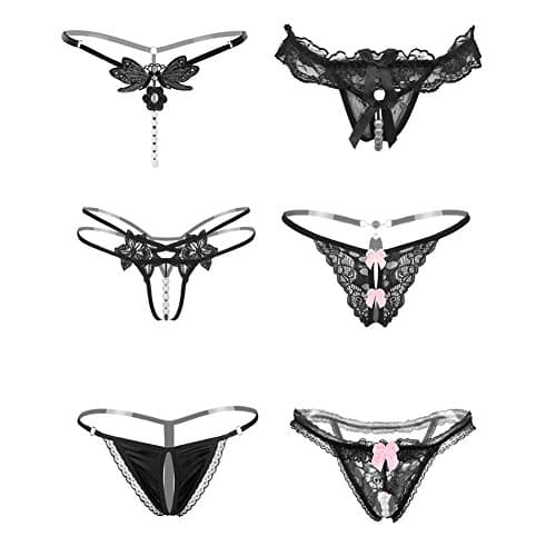 Nightaste Women Lace G-String Panties 2-6 Pack Assorted Bow-Knot T-Back Lingerie Thongs (M, 6 Black)