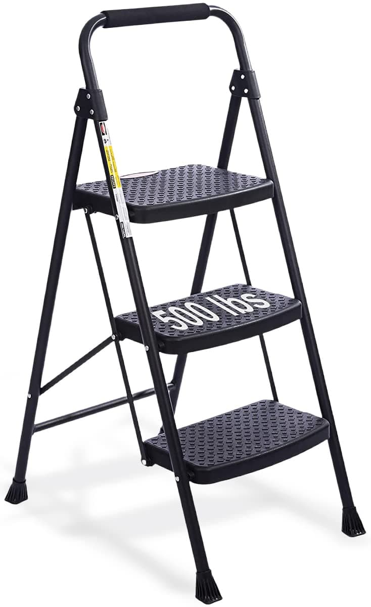 WNOEY 3 Step Ladder, Folding Step Stool with Wide Anti-Slip Pedal, Lightweight 500lbs Step Ladder 3 Step Folding, 3 Step Ladder Folding Step Stool for Adults, Portable Kitchen Step Stool Black