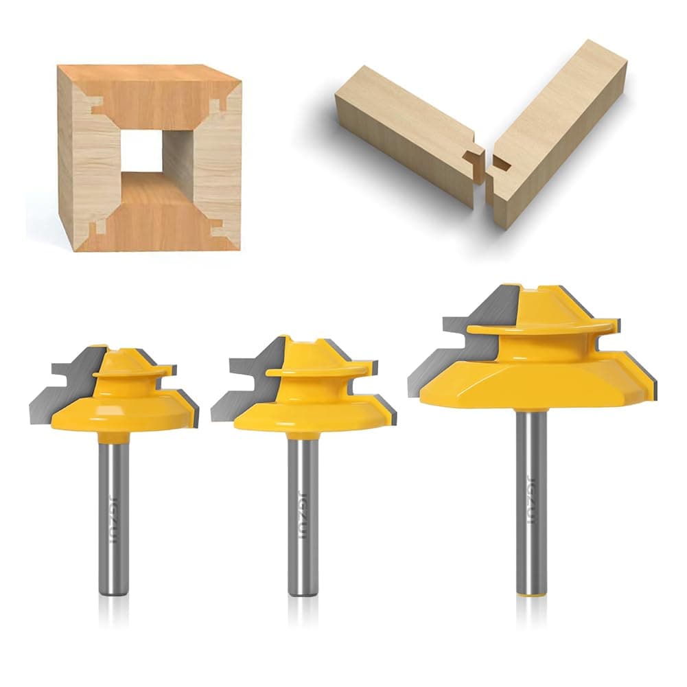 45 Degree Lock Miter Router Bit 3Pcs 1/4 Inch Shank.Woodworking Tools Joint Router Bits，Wood Milling Cutter Glue Joint Tools Set (1/4inch Shank, 3 Bit Set)