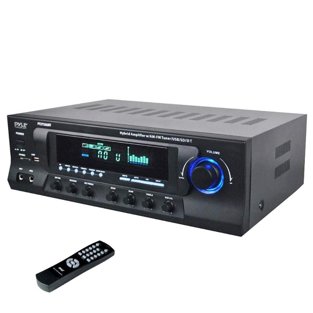 Pyle Home Stereo Amplifier with Bluetooth - 300 Watt Max 4 Channel Stereo Receiver with Easy Karaoke - Dual Mic In with EQ and Echo, USB-A and SD Card In, RCA In, RCA Out, LED Display - PT272AUBT