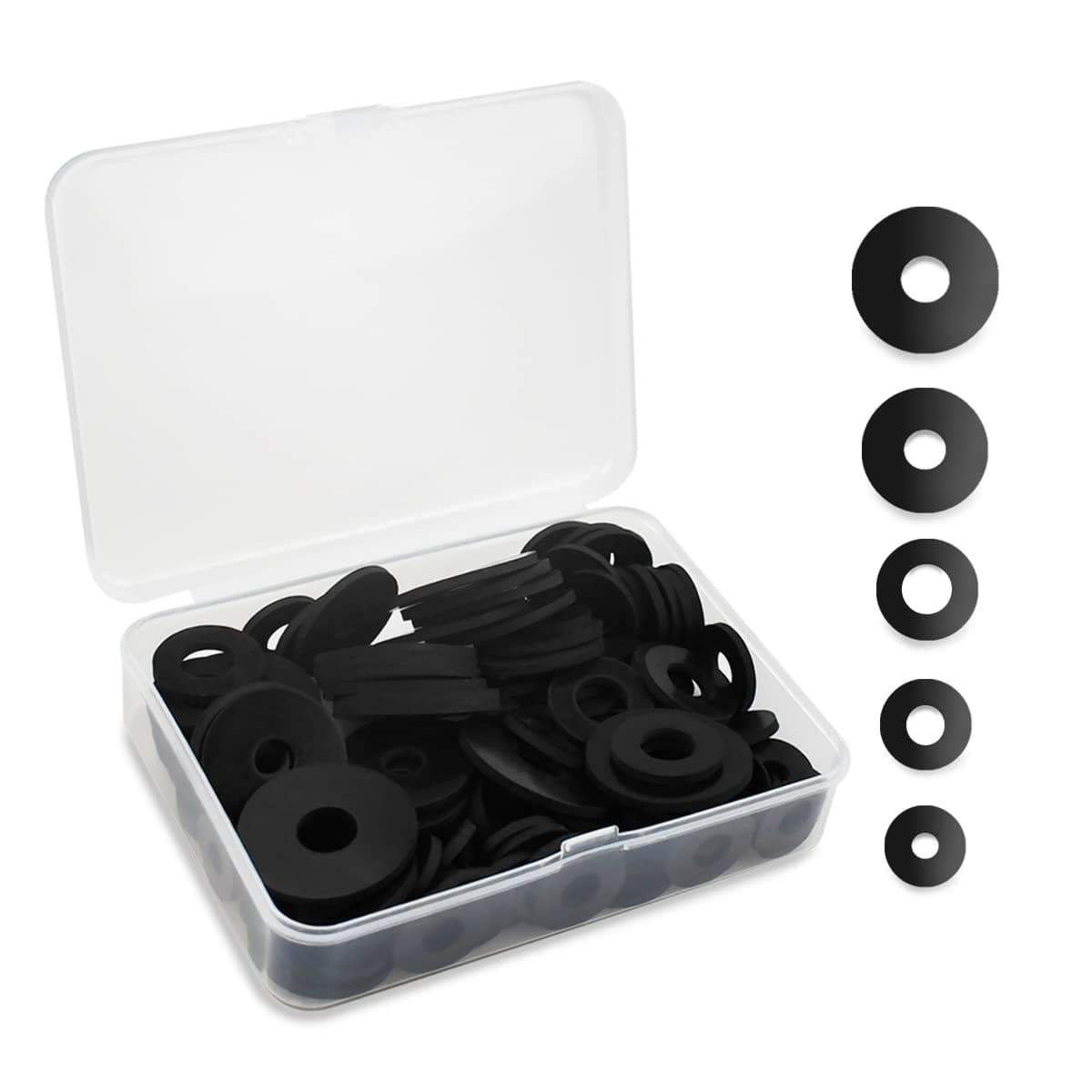 Yuntop 100 Pcs Black Flat Rubber Washers Assortment Kit, 5 Sizes (16/18/20/25/30mm), Heavy Duty, Vibration Damping Pads for Shower Head, Garden Faucet, Plumbing, Repair