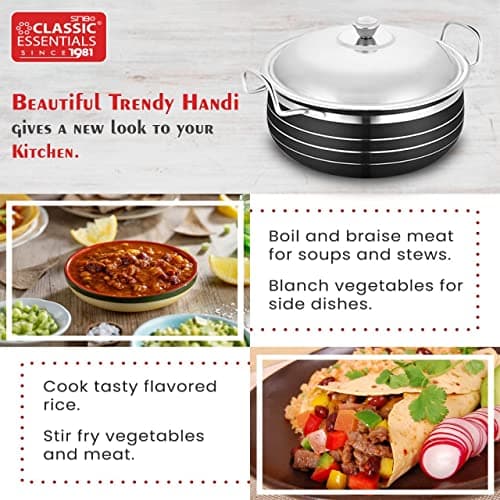 Classic Essentials Stainless Steel Handi Set with Lid (Set of 5)| Patila Set with Lid | Cook & Serve Set | Kitchen Cookware Set |Stainless Steel Heavy Gauge Induction Friendly (Black)