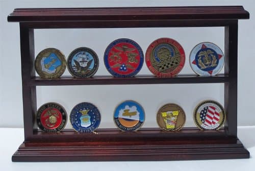 DisplayGifts Challenge Coin Display Case Standing Showcase, Solid Wood, (Mahogany Finish)