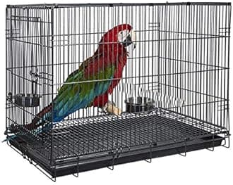 Large 24"x16.5"x20.5"H Durable Metal Travel or Veterinary Easy Collapsable Parrot Bird Carrier Beaks Proof Carrier Cage Easy Clean Pull Out Tray Stainless Steel Feeder Bowls Natural Wooden Perch