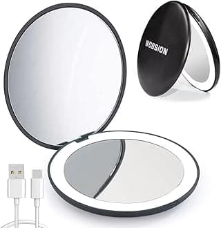 WOBSION Travel Mirror with Light, Rechargeable 1x/10x Compact Magnifying Mirror, Dimmable Pocket Mirror,3.5inch Travel Size,Portable for Handbag,Purse,Gift,Black