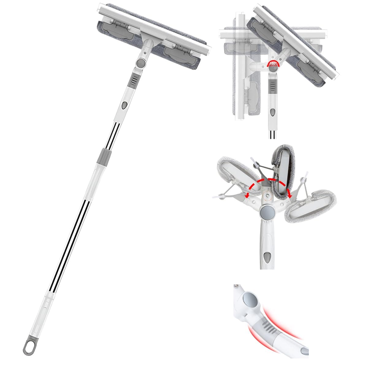 Window Squeegee Telescopic Window Cleaning Tool with Extension Pole, Bendable Adjustable 360° Swivel Heads 2 Microfiber Mop Scrubber 2-in-1 Squeegee Cleaner Wiper for High Window Glass Car (106-148cm)