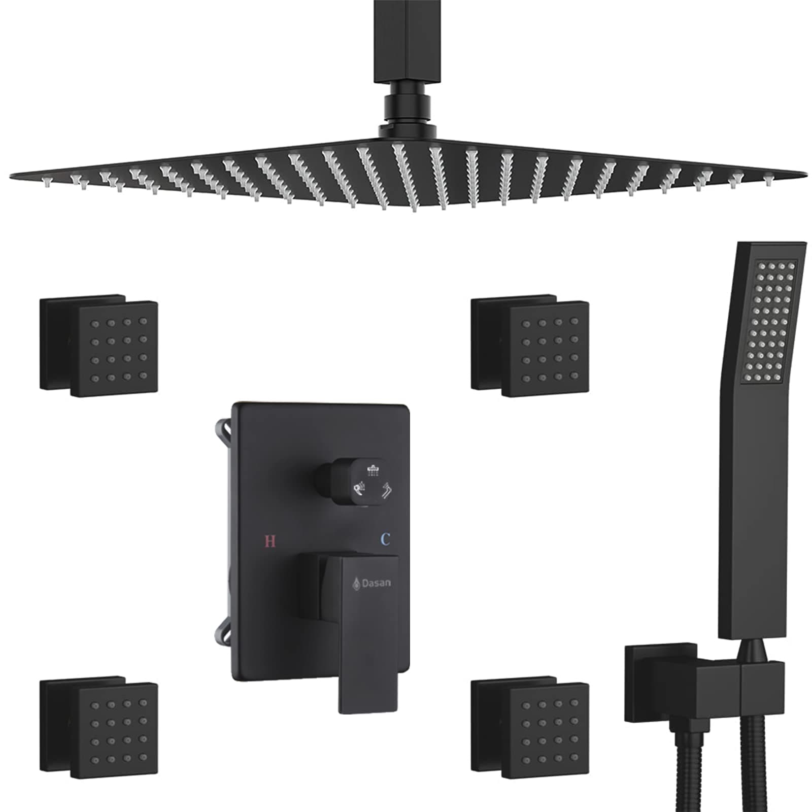 4 Shower Jets Rain Shower System with 12'' Ceiling Shower Head & Handheld, DASAN Full Body Shower System with Multi Body Spray Jets Matte Black Rain Shower Head Combo Set, SA-SS03BMB-S12C