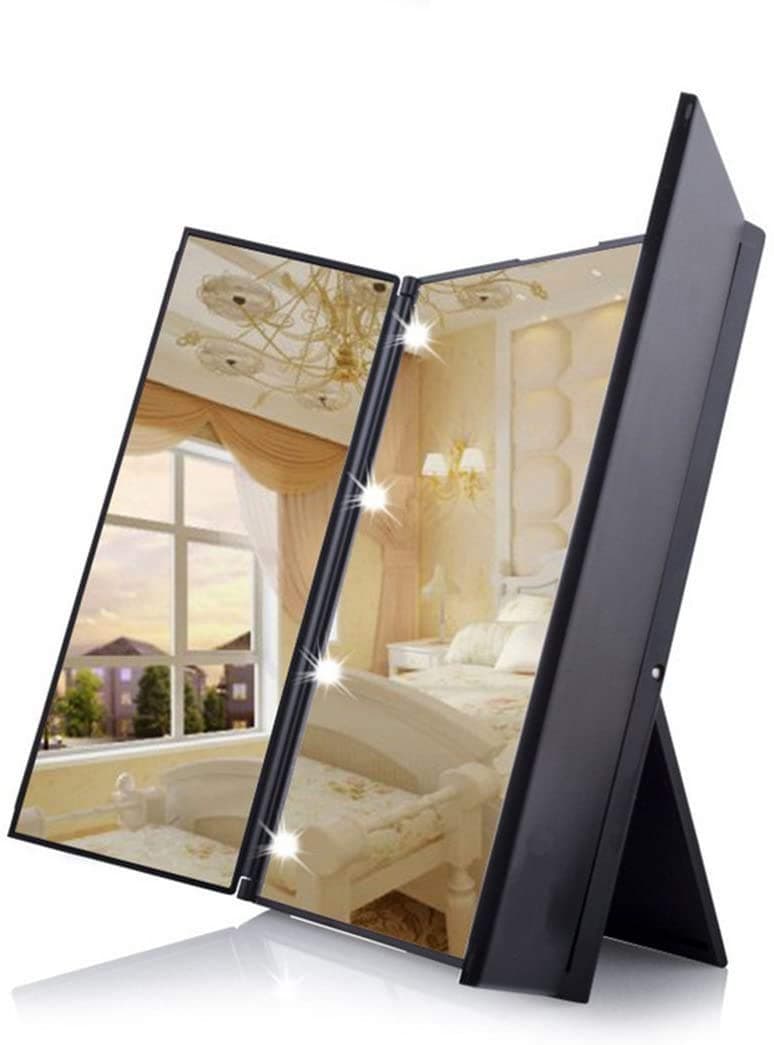 Unique Tri-Fold Cosmetic Makeup Mirror Travel Compact Pocket Make Up Mirror with 8 LED Lights Battery Included - Black