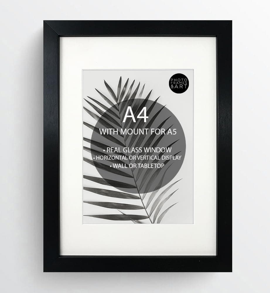 pf+a REAL GLASS A4 For A5 Frame With Mount - Picture Frame For A5 With Mount - A4 For A5 Oxford Black Frame